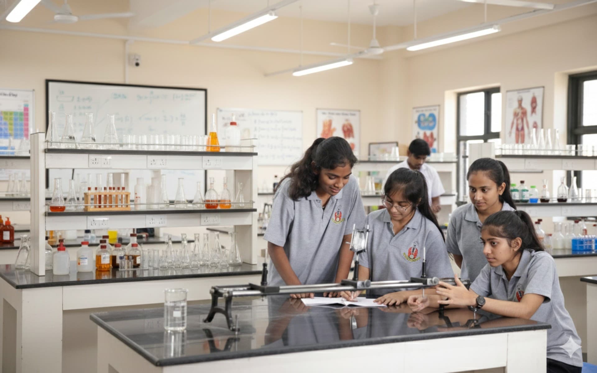 Students working together in the science laboratory at Bapuji SPSS PU College, Davangere